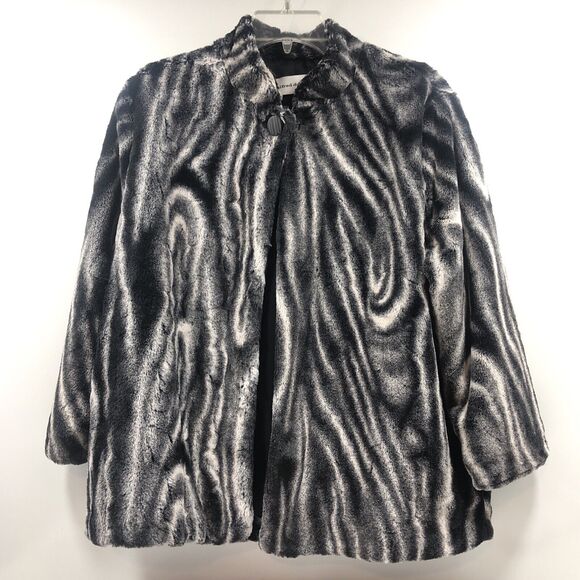 Alfred Dunner Mink Faux Fur Jacket Button Clouser Womens Sz 8 Black White Poncho - Picture 1 of 6